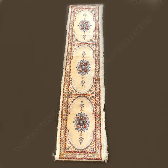 PERSIAN HAND KNOTTED RUNNER RUG wool on cotton pale tones unusually w fringe to sides 1900 x 420mm