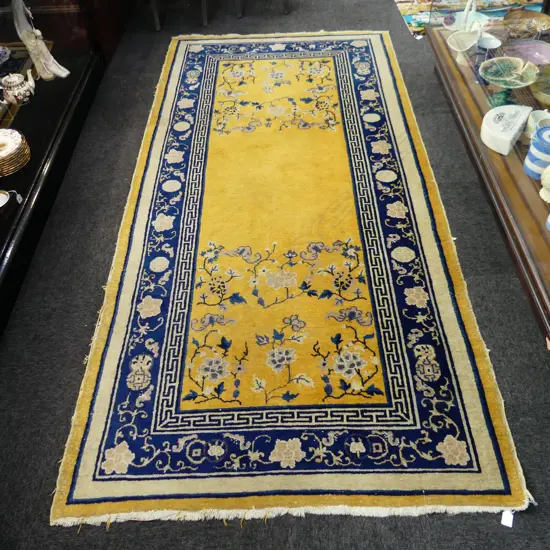YELLOW CHINESE PEKING RUG; HAND KNOTTED WOOL PILE 2680x1250mm some wear