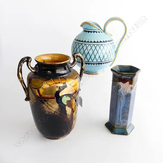 BLUE GOUDA JUG, PEACOCK VASE BY T FORESTER & SONS unmarked H.255mm, ART NOUVEAU STYLE VASE rim chip