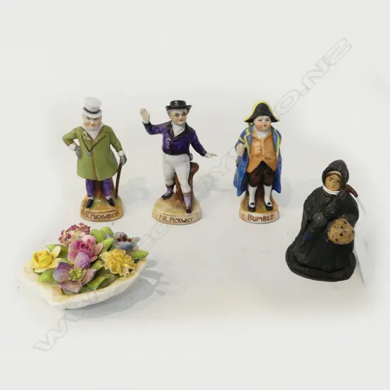 ROYAL DOULTON SHELL DISH WITH PORCELAIN PLOWERS (L 80mm) & 4 VINTAGE CHARLES DICKENS FIGURES inc METAL SAIRY GAMP (h75mm