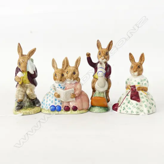 4 ROYAL DOULTON BUNNYKINS FIGURINES: STORYTIME, COOLING OFF, BUSY NEEDLES & TELLY HO