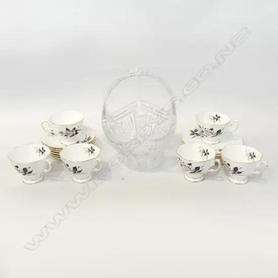 6 ROYAL ALBERT 'QUEEN'S MESSENGER' TRIOS + LG CRYSTAL BASKET W.250mm