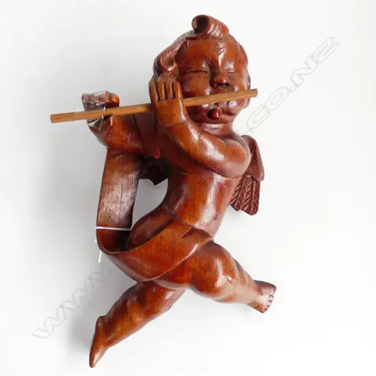 WOODEN CARVED FLUTE PLAYING ANGEL L 300 MM