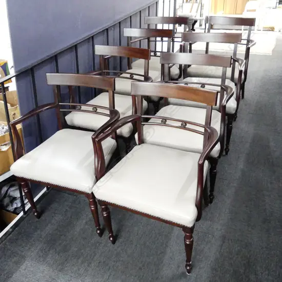 8 MAHOGANY CARVER DINING CHAIRS w. LEATHER SEATS