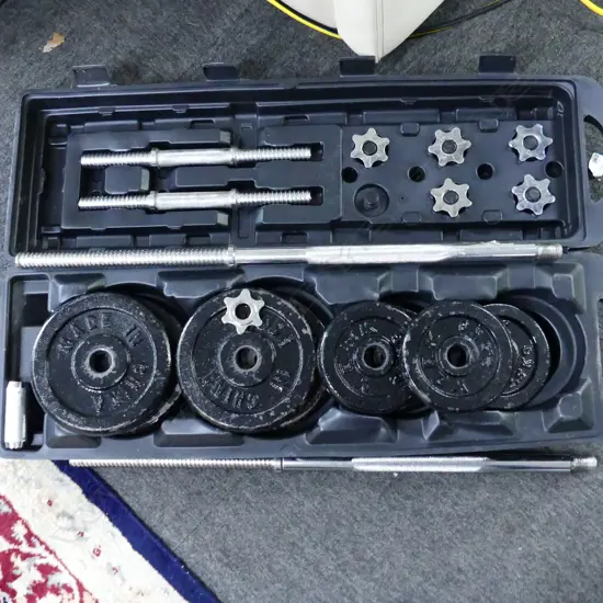 50kg CAST IRON BARBELL / DUMBBELLS SET, CASED