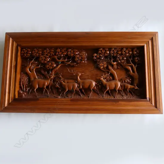 LG CARVED WOODEN ARTWORK; DEER IN FOREST 575x1085mm overall