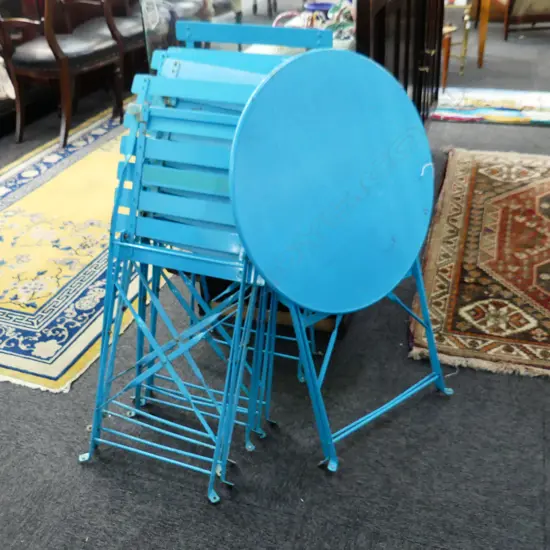 5 BLUE METAL FOLDING OUTDOOR CHAIRS + TABLE 600mm dia some wear
