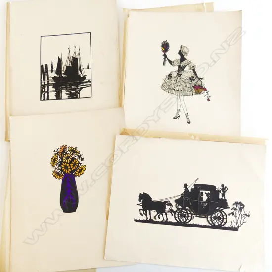 4 1930s FRENCH CUT PAPER SILHOUTTE DESIGNS 320x250mm...