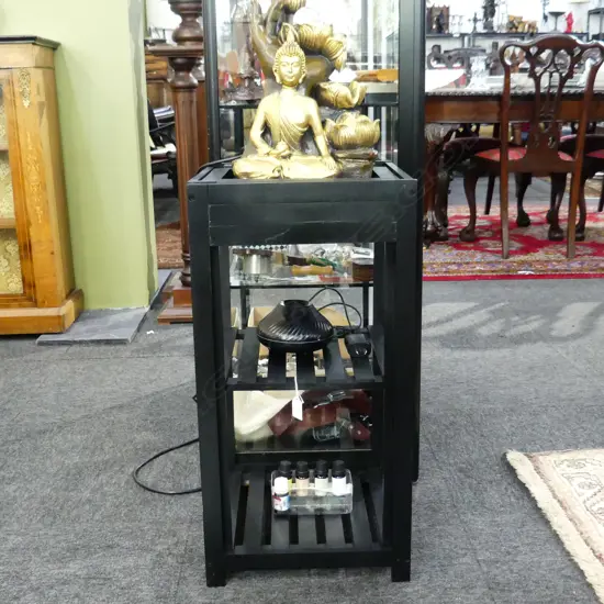 ZEN WATER FEATURE + INCENSE OILS, ON BLACK SIDE TABLE, WORKING H960MM