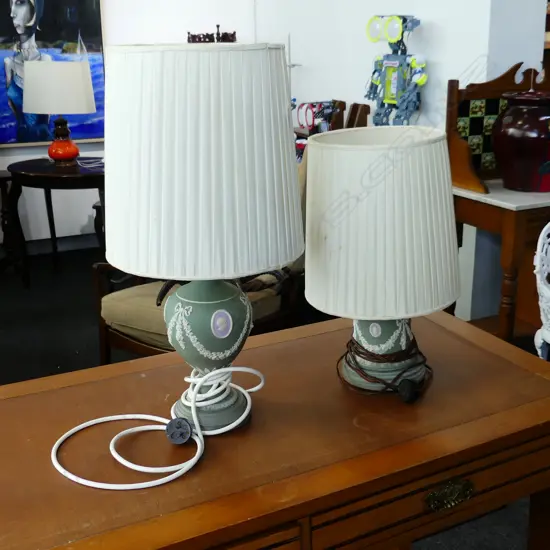 PR GREEN JASPERWARE TABLE LAMPS, H. 590mm & 450mm