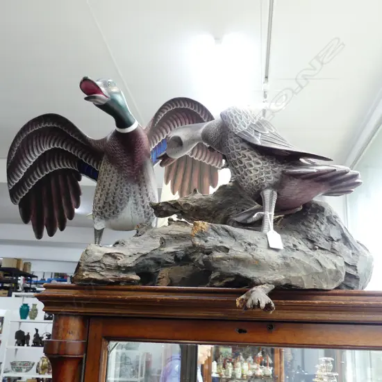 2 LG PAINTED CARVED WOODEN DUCKS ON DRIFTWOOD H.450 / W.900mm
