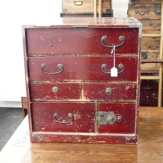 OLD JAPANESE TANSU COLLECTORS/BEDSIDE CABINET 6 drawer orig. red lacquer H.490mm.