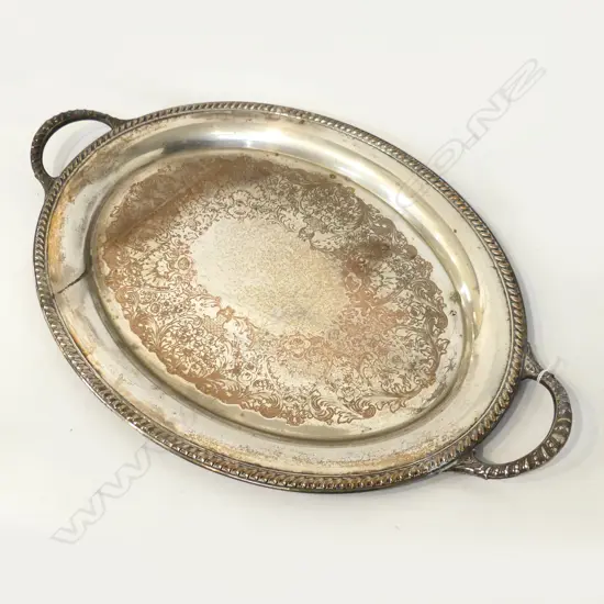 LG OVAL SILVER OVER COPPER HANDLED TRAY 610x390mm