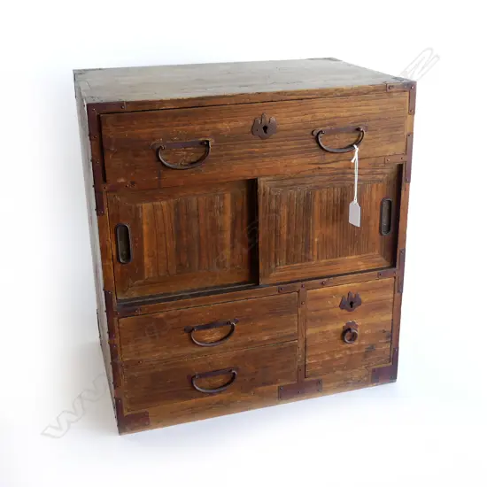 OLD JAPANESE SMALL CABINET pr doors 4 drawers bronze handles H.595mm