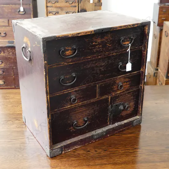 OLD JAPANESE small TANSU COLLECTORS/BEDSIDE CABINET 6 drawer orig. dark stain H.485mm.