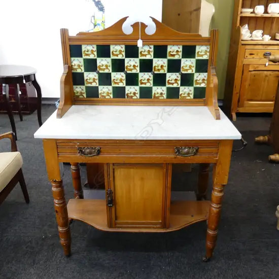 EDWARDIAN WASHSTAND - TILED BACK, MARBLE TOP