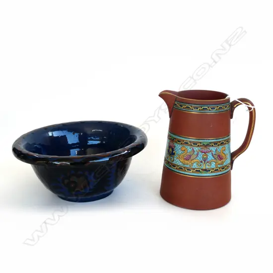 VINTAGE PRATT WARE JUG (H .150mm) & ARTS & CRAFTS POTTERY BOWL (DIA 190mm)