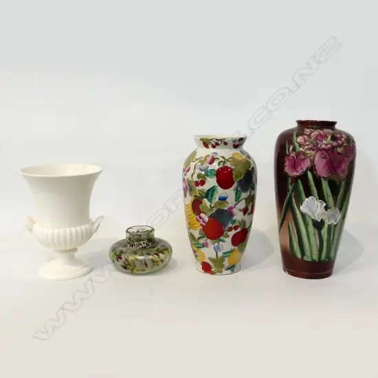 4 VASES; WHITE WEDGWOOD URN, ART GLASS, 2 OTHER H.255mm