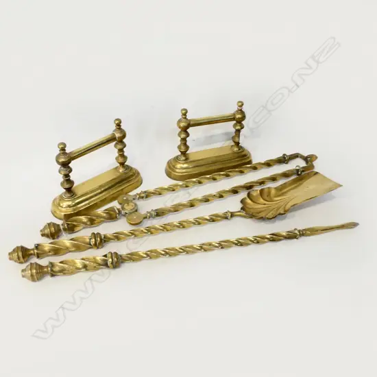 5 BRASS FIRE TOOLS; PR DOGS, POKER, TONGS, SHOVEL