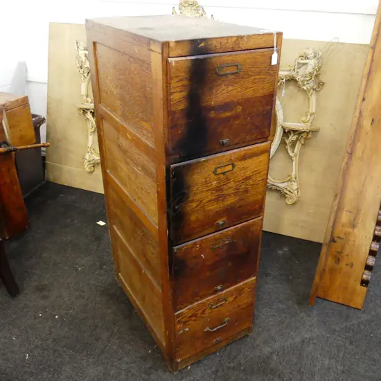VINTAGE FOUR DRAWER OAK FILING CABINET H. 1385, 685 X 415mm