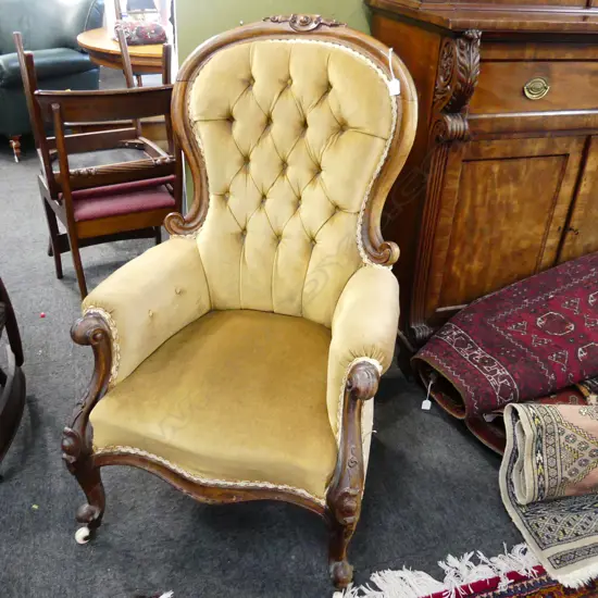 VICTORIAN GRANFATHER CHAIR VELVET UPHOLSTERY
