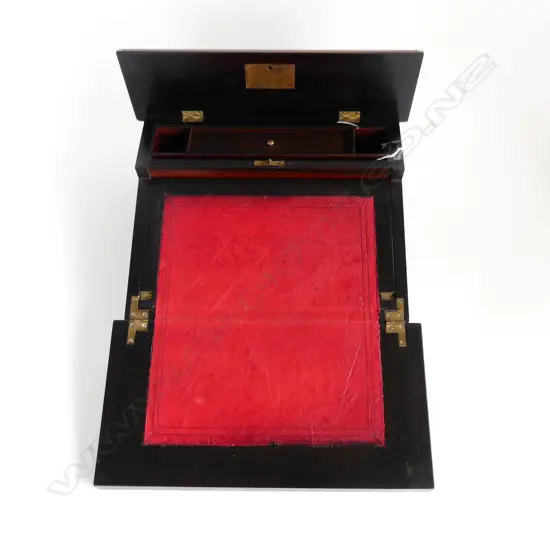 ENGLISH ROSEWOOD LAP DESK WITH ABELONE INLAY. FITTED INTERIOR.