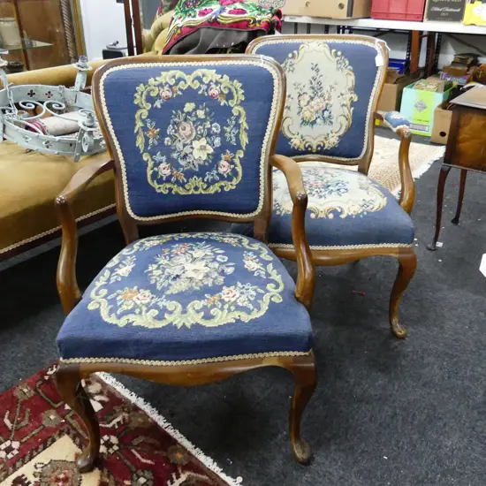 TWO 20THC CARVER CHAIRS WITH BLUE WHITE BROCADE EMBROIDERED SEATS. ON CABRIOLE LEGS. 