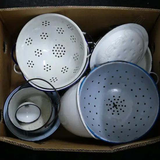 BOX – ENAMEL WARE INCLUDING STRAINERS, BUCKET, LIDDED POT ETC