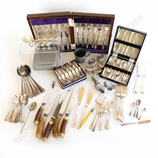 BOX LOT SILVER PLATE PEWTER & BOXED FISH SET TEASPOONS & PLACE CARD HOLDERS AS APPLES.