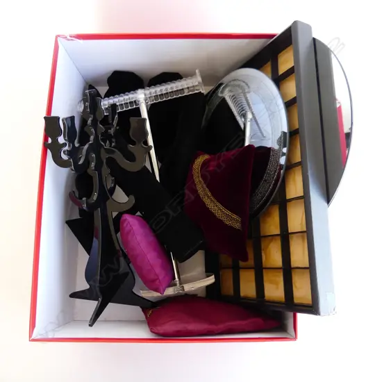 BOX ASST JEWELLERY DISPLAY ITEMS INCL RING DISPLAY HANDS, STANDS, MIRRORS, SECTION BOX ETC..