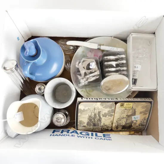 BOX ASST; 2 LG ENAMEL PLATES, ORIENTAL LACQUER, CERAMICS, EP ETC