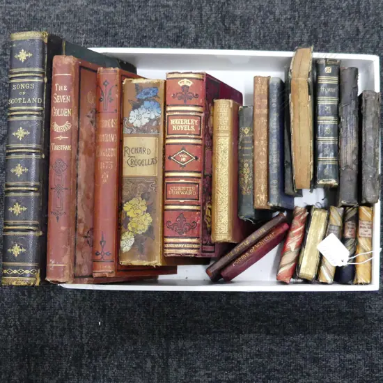 COLLECTION 21 ANTIQUE BOOKS SOME LEATHBOUND INCL. SONGS OF SCOTLAND, THE SEVEN GOLDEN CANDLESTICKS, WAVERLEY NOVELS ETC.