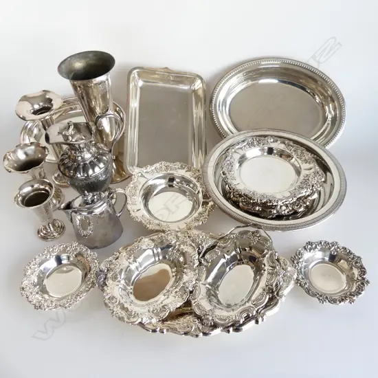BOX LOT ASST SILVER PLATE TRAYS & DISHES, VASES ETC...
