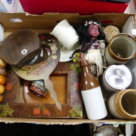 BOX – FOLK ART MIRROR & FRAME, BAROMETER, MAORI DOLL, KAURI GUM, STONEWARE BOTTLES, WOODENWARE ETC