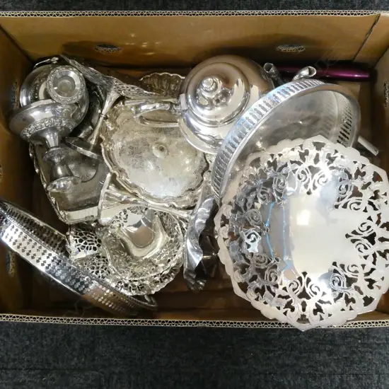 BIG BOX LOT ASST SILVER PLATE INCL CANDLE HOLDERS, DISHES, TEAPOT ETC..