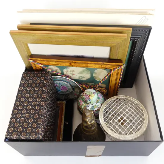 BOX LOT PHOTO FRAMES, ORIENTAL CHINA, ARTWORKS ETC