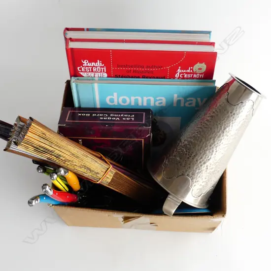 BOX LOT EP VASE, 6 FANS, GAMING CARDS, 3 COOK BOOKS ETC