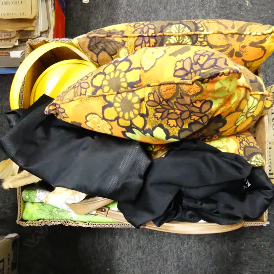 BOX LOT RETRO; CUSHIONS, BAG, YELLOW ICE BUCKET, ANIMAL SKINS, 3 RWC JERSEYS