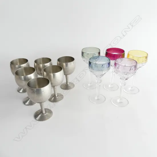 BOX LOT 6 PEWTER GOBLETS, 5 COLOURED WINE GLASSES