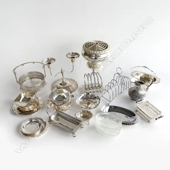 BIG GOOD LOT ASST SILVER PLATE, TOAST RACKS, ROSE BOWL, DISHES, SOME WITH GLASS INSERTS, CANDLE HOLDER ETC..