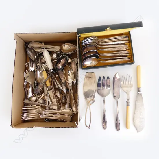 BOX LOT ASST. CUTLERY + 12 PCE FRENCH SET, CASED