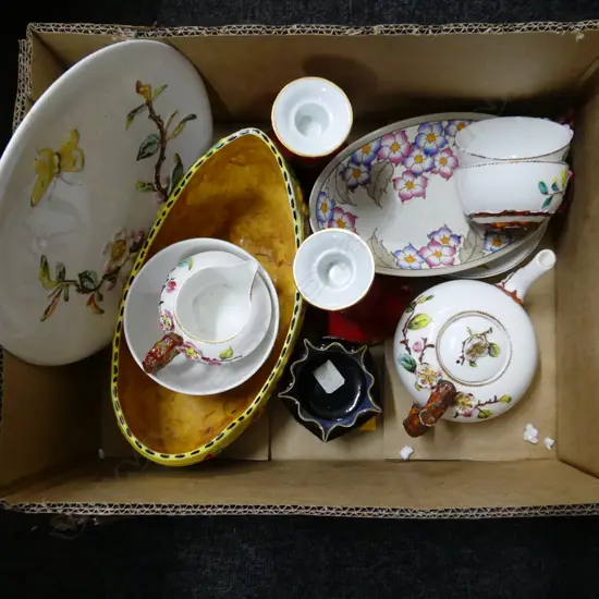 BOX LOT ASST. CHINA; PART TEA SET, PR CANDLESTICKS, MALING VASE ETC