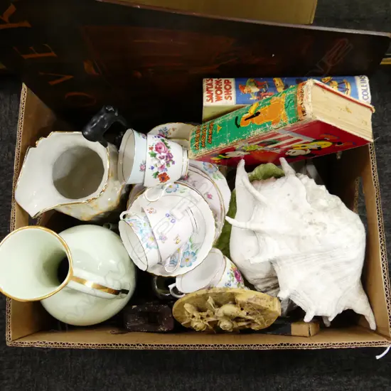 BOX LOT ASST. CHINA; TRIOS, SHELLS, ROVER SIGN ETC