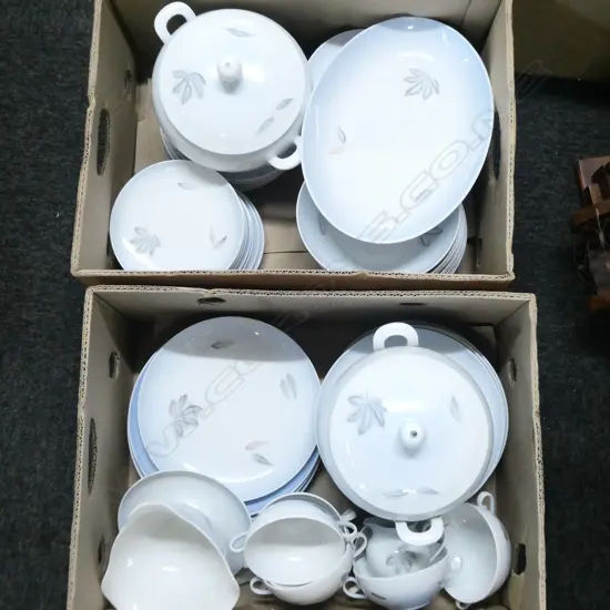 TWO BOXES CONTAINING A BING & GRONDAHL BL/WH DINNERSET. INCLUDES DINNER & SIDE PLATES TERRINES ETC. 