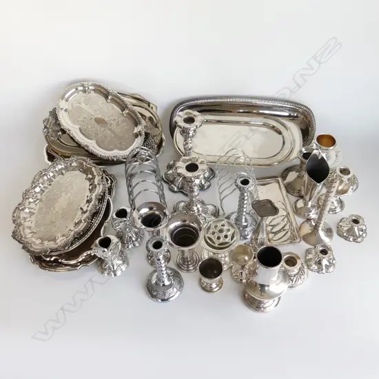 GOOD BOX LOT ASST SILVER PLATE, TOAST RACKS, VASES, EGG CUPS, DISHES, CANDLE HOLDERS, ETC...