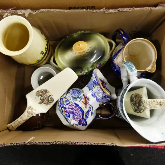 BOX LOT VINTAGE CHINA ETC.. INCL MALING JUG, HOMELAND SERIES INDIA VASE ETC..