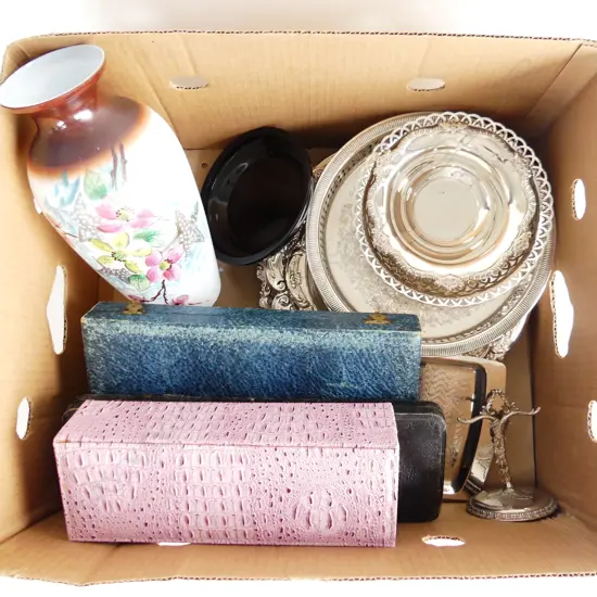 BOX MISC INCL SILVER PL;ATE DISHES, CASED CUTLERY, GLASS ETC..