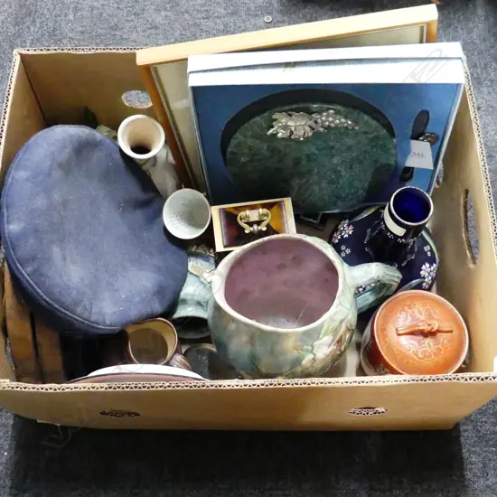 BOX LOT ASST. CHINA, HAT, ART, BOXED CHEESE BOARD ETC