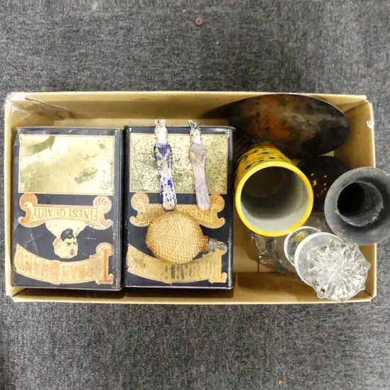 BOX ASST INCL OLD TINS, GLASS DECANTER ETC..