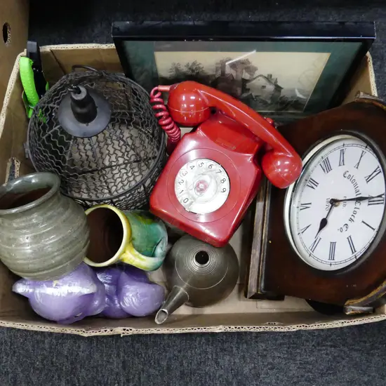 LOT ASST/CLOCK/BIRD CAGE/POTTERY/PENCIL DRAWING/RED PHONE ETC